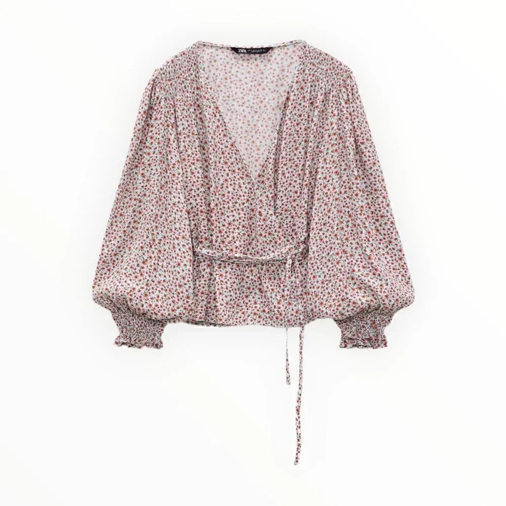 Zara Floral Print Wrap Blouse NWT Sizes S L V Neck Tie Waist Top